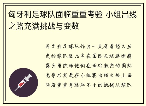 匈牙利足球队面临重重考验 小组出线之路充满挑战与变数