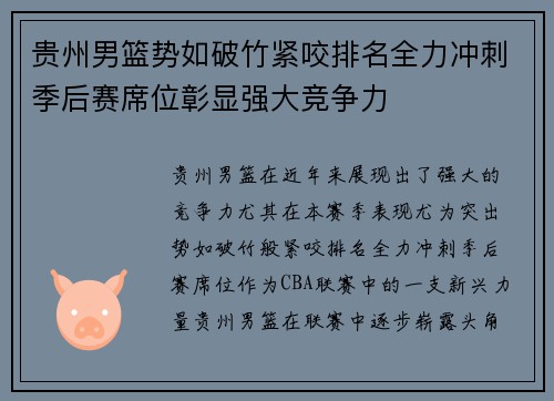 贵州男篮势如破竹紧咬排名全力冲刺季后赛席位彰显强大竞争力