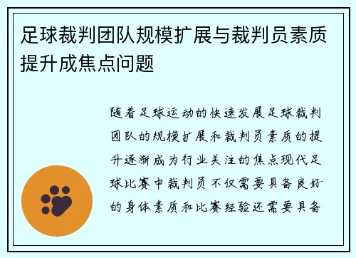 足球裁判团队规模扩展与裁判员素质提升成焦点问题